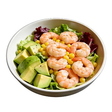 Fresh and colorful shrimp avocado salad with sweet corn and crisp greens, offering a delightful and healthy meal option, perfect for a nutritious and light lunch or dinner