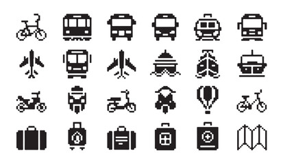 Pixel art icons of transportation vehicles including bus airplane ship motorcycle hot air balloon and luggage. © MD.RAHIM