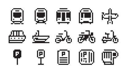 Pixel art icons for transportation including trains airplanes ships bicycles scooters and parking. © MD.RAHIM