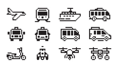 Pixel art transportation vehicle icons set including airplane train boat bus and scooter. © MD.RAHIM