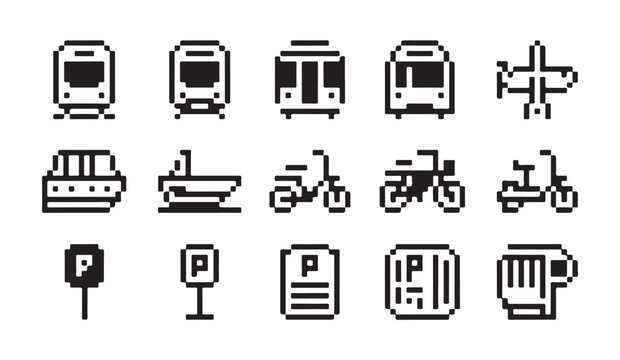 Pixel art icons for transportation including trains airplanes ships bicycles scooters and parking.