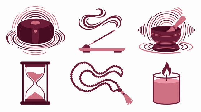 Meditation and relaxation objects vector illustration set with cushion, incense, singing bowl, hourglass, mala beads, and candle in flat graphic style.