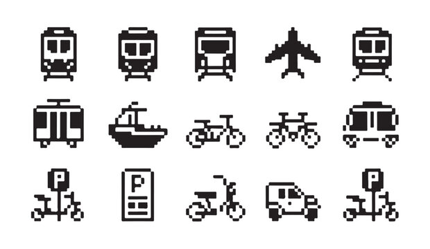 Transportation pixel art icons with various vehicles and parking signs for web interface.