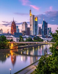 Obraz premium A serene cityscape at dusk with a river and bridge