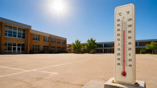 School playground heatwave with thermometer and bright summer sun