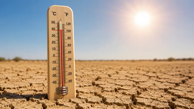 Cracked dry land heatwave with thermometer under blazing sun