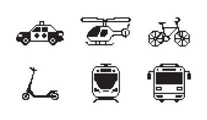 Digital pixelated vehicle icons including police car helicopter bike scooter train and bus. © MD.RAHIM