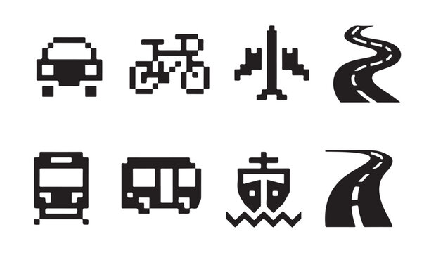 Simplified pixel art travel icons showing automotive marine aerial and railway transport.