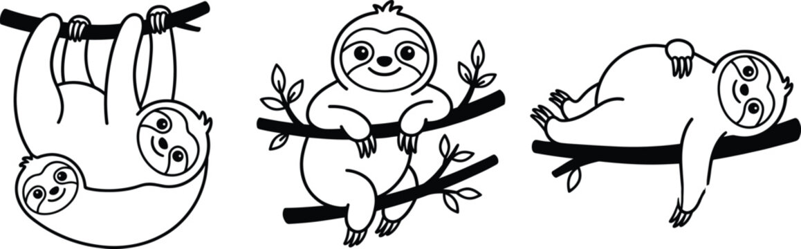 Cartoon sloth vector illustrations showing relaxed animal poses on tree branches for wildlife, nature, and educational design projects