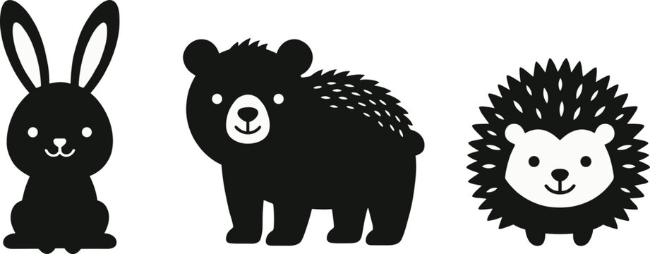 Minimalist rabbit bear and hedgehog cartoon vector illustrations with cute animal silhouettes for children and decorative design