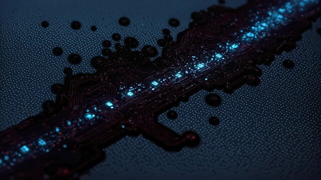 Glowing blue circuit board LED pathway on dark motherboard evoking futuristic electronic ambiance