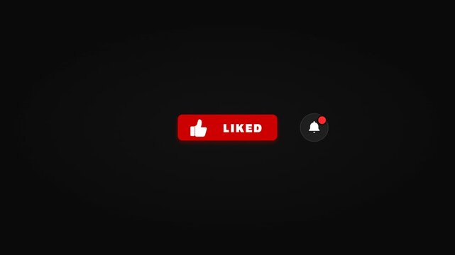 Animated like button with red pill thumbs up icon bell and hand cursor press on black background for lower third overlay in 4K