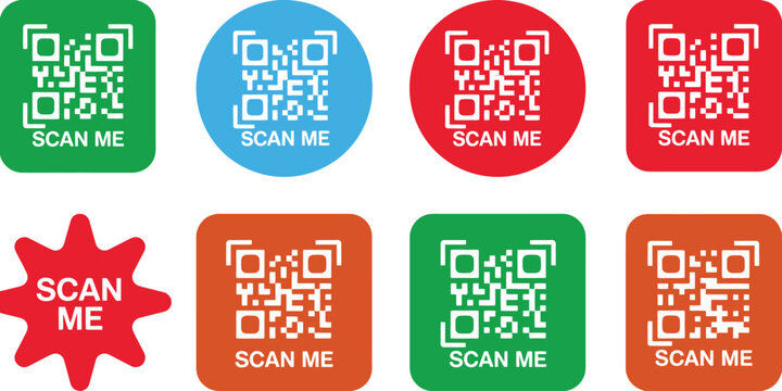 Colorful QR Code Scan Me Button set for marketing, mobile payments, apps, labels and digital branding vector illustration.