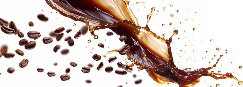 Coffee Splash with Beans: A dynamic explosion of dark coffee liquid splashes vigorously, with scattered coffee beans caught in the motion, creating an energetic and sensory-rich visual.