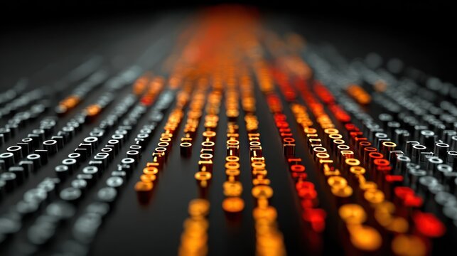 Digital data stream in binary code with glowing lines on a dark background