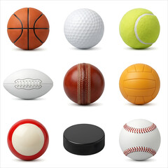 Fototapeta premium A realistic 3D rendered collection of various sports balls including basketball, golf, tennis, rugby, cricket, volleyball, billiard, hockey puck, and baseball.