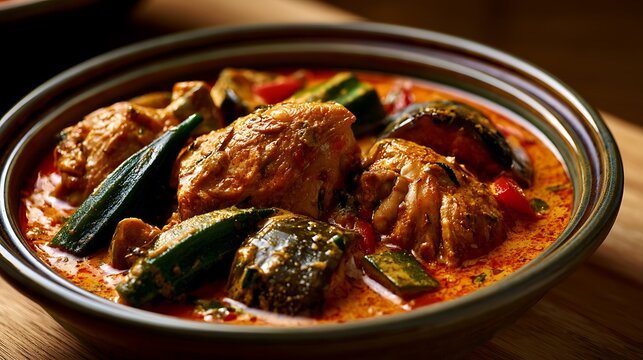 Congolese Moamb&eacute; de Poulet, succulent chicken pieces cooked in creamy palm oil sauce with okra, eggplant, and bell pepper, served in an artisanal ceramic bowl over a light iroko wood surface
