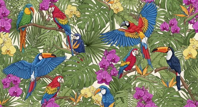 Colorful parrots on a branch.