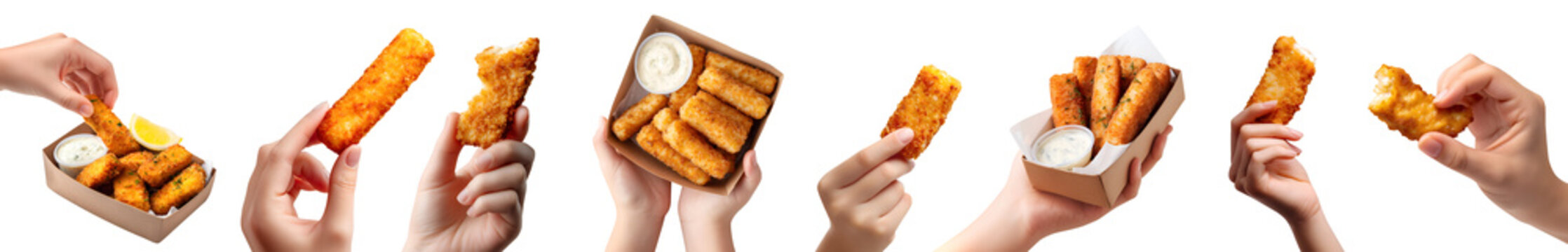 Set of hand holding fish sticks fingers, battered crispy crust with fillet meat, group stack pile bitten broken, takeout craft box with tartar sauce, transparent cutout PNG Mockup