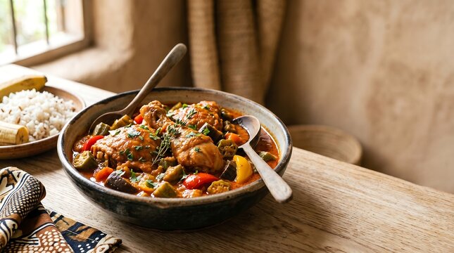 Congolese Moamb&eacute; de Poulet, succulent chicken pieces cooked in creamy palm oil sauce with okra, eggplant, and bell pepper, served in an artisanal ceramic bowl over a light iroko wood surface