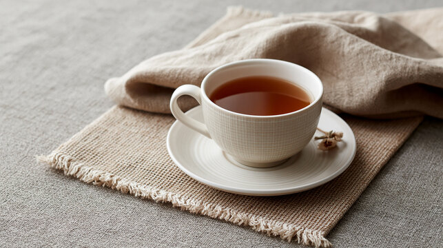 A ceramic white cup filled with hot brown tea sits on a small saucer and a beige linen napkin over a gray table