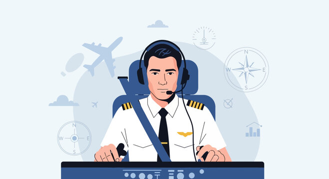 Pilot in cockpit with airplane and compass graphics