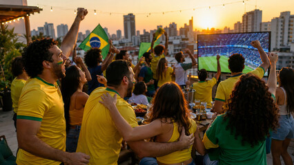 Fototapeta premium Torcedores brasileiros comemorando em festa no terraço