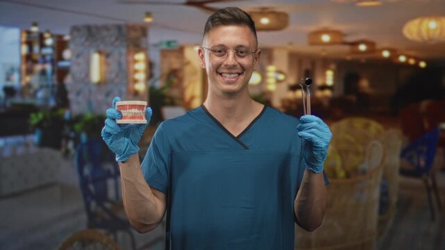 Man dentist in blue scrubs holds dental model and dental mirror with gloved hands in clinic building, smiling directly at camera; reassurance dental care.