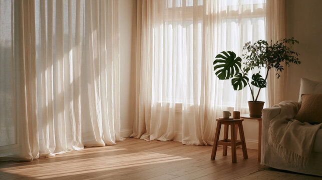 Sunlight shines through white curtains in a minimalist room with a wooden floor and a green potted plant on a stool