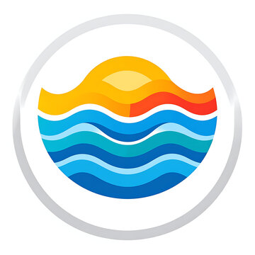 Stylized sun and ocean waves icon, representing summer, travel, and coastal themes, circular design with vibrant colors