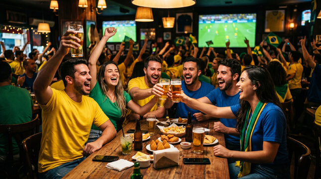 Torcedores brasileiros comemorando em bar durante jogo