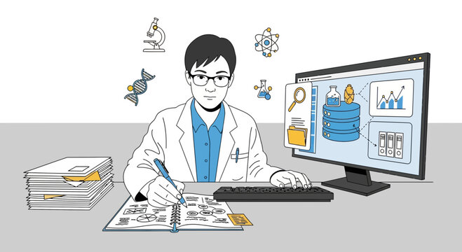 Scientist working at desk with computer, notebook, and stacks of papers