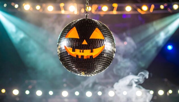 Halloween disco mirror ball with a carved pumpkin face, nightclub atmosphere with smoke and stage lights.