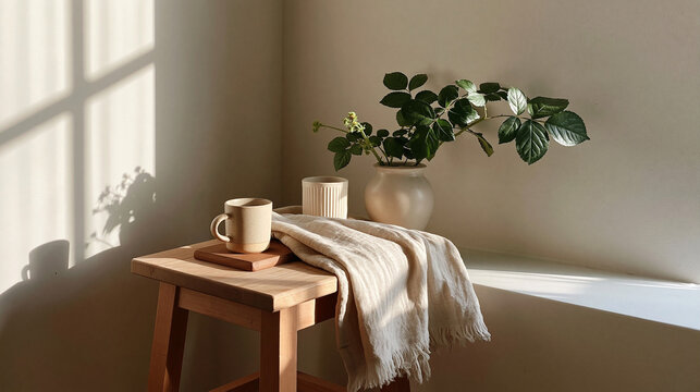A ceramic mug and soft cloth rest on a wooden stool next to a white vase with green leaves in morning sunlight