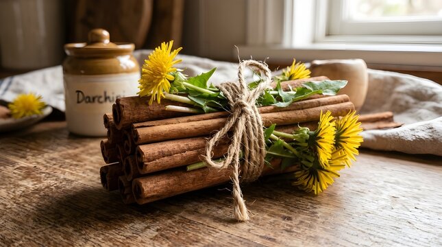 Bundle of cinnamon sticks on table in a kitchen.