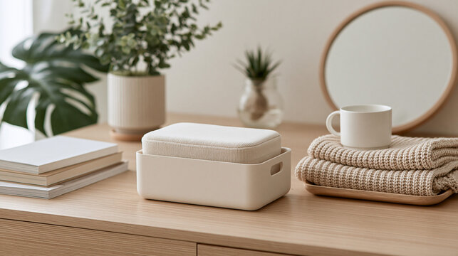 A small white storage bin with fabric sitting on a wooden desk near folded towels and a round mirror