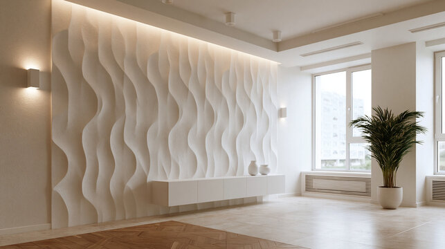 Modern living room interior features a white decorative wave wall with atmospheric lighting and a green plant near the window