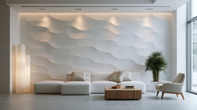 Modern living room features a white wave pattern wall with soft lighting above a comfortable sofa and wooden coffee table