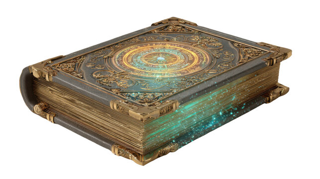 Ancient Enchanted Spell Book with Glowing Arcane Symbols and Ornate Golden Fantasy Magic Illustration on white background