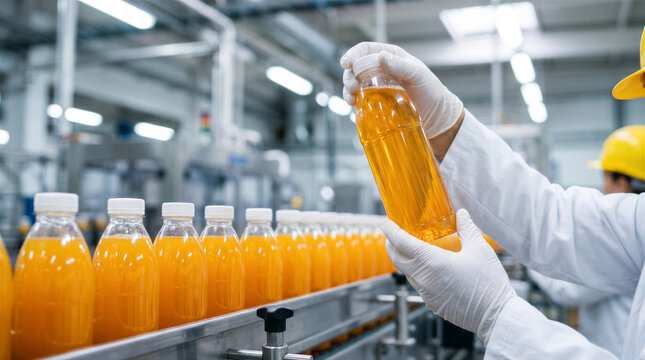 Quality control inspector examining a bottle of orange juice on a production line in a modern food and beverage manufacturing factory