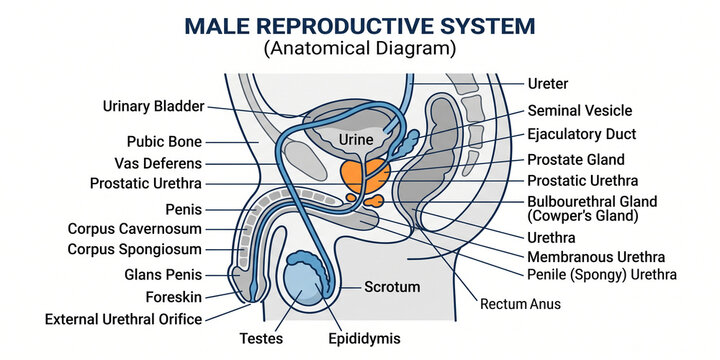 Contemporary graphic illustration of the human male reproductive system, detailing essential anatomical organs and associated structures with clear labels for medical education