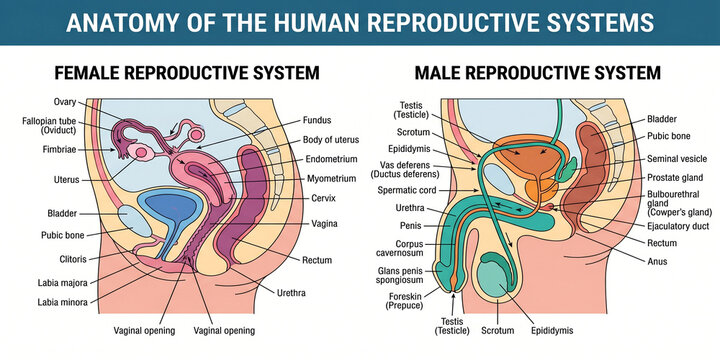 Anatomical illustration of human male and female reproductive systems. Detailed vector diagram with labeled organs for educational medical study