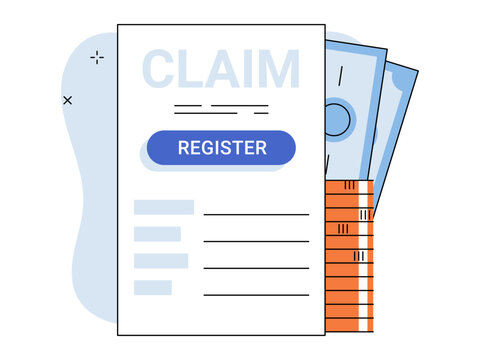 Insurance claim form with register button and money vector illustration. Financial compensation, insurance services, payout process, legal document, refund, registration. Document for filing