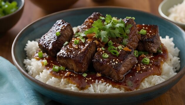 bang bang beef short ribs served with rice and scallions