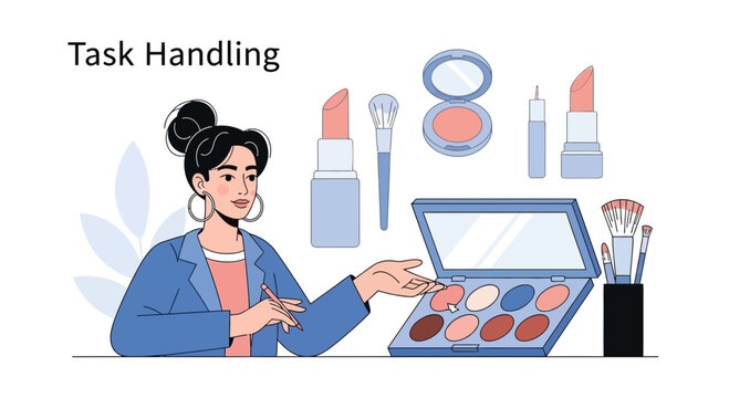 Woman choosing cosmetic colors from palette, makeup arrangement