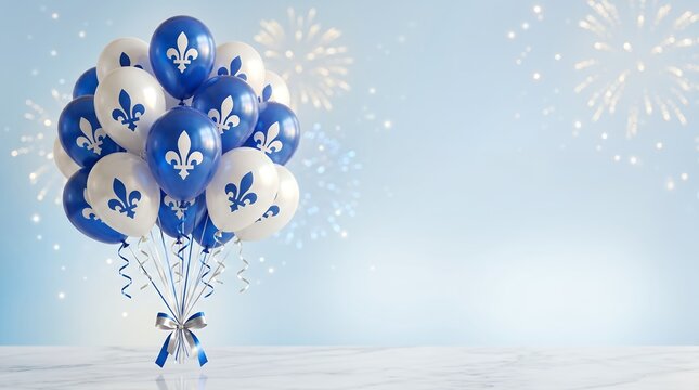 Blue and White Fleur de Lis Decorated Balloons Floating with Bokeh Lights and Fireworks Celebration Background