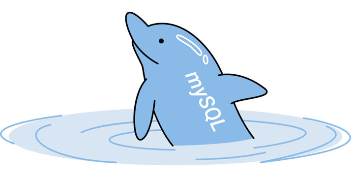 Blue dolphin jumping from water with MySQL text vector illustration. Database management, software development, backend coding, data storage, web tech, open source. Aquatic mammal leaping from banks