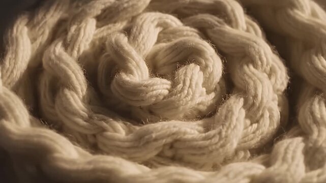 Close up texture of thick beige coiled cotton rope.