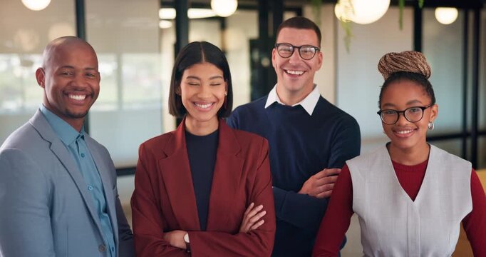Face, smile and team with business people in office for diversity, about us and property investor. Collaboration, real estate agents and solidarity with employees in firm for support and partners