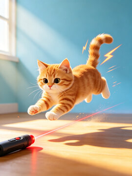 Cute illustration of a cat chasing laser